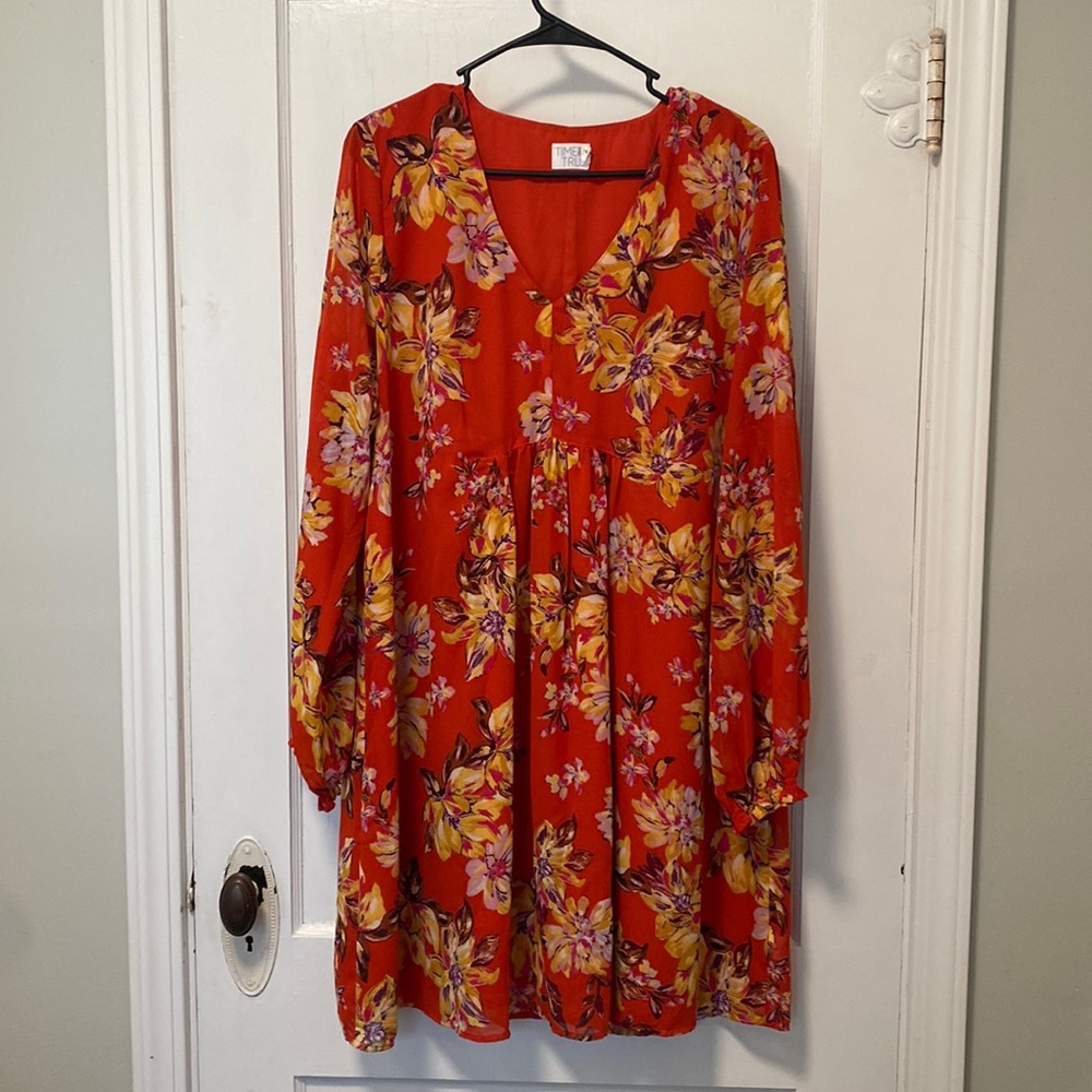 Time and Tru Floral Dress with Sheer Sleeves and Cinching in the front. Size L